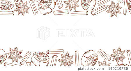 Horizontal frame with cinnamon roll cupcake, star anise and sticks in line art style. Ideal for bakery wallpaper, flyer, cafe design and sweet dessert delivery package. 130219786