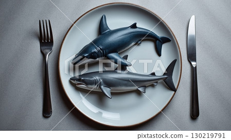 whale and a shark lying on a plate as warning against eating endangered species, overfishing, and illegal catch - ai generated 130219791