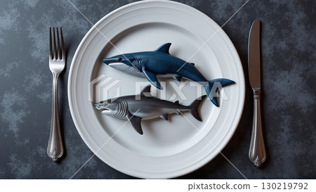 whale and a shark lying on a plate as warning against eating endangered species, overfishing, and illegal catch - ai generated 130219792