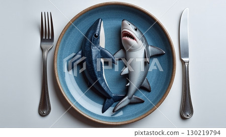 whale and a shark lying on a plate as warning against eating endangered species, overfishing, and illegal catch - ai generated whale and a shark lying on a plate as warning against eating endangered species, overfishing, and illegal catch - ai generated 130219794
