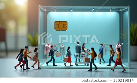 People use contactless cards in miniature diorama, easy cashless shopping - ai generated 130219814