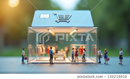 People use contactless cards in miniature diorama, easy cashless shopping - ai generated 130219816