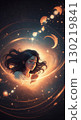A serene woman meditates with her eyes closed, surrounded by a cosmic nebula, while the stars and moon dance with her thoughts, symbolizing her dreams and imagination. 130219841