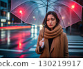 Rainy night portrait of a woman wearing a brown coat and scarf and holding an umbrella 130219917