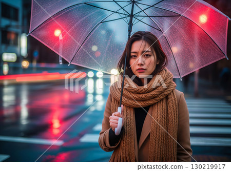 雨夜肖像,一位身穿棕色外套和圍巾、手拿雨傘的女子 雨夜肖像,一位身穿棕色外套和圍巾、手拿雨傘的女子 130219917