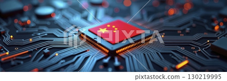 A chinese-made computer chip with the flag of people republic of china, ensuring independence from foreign production - ai generated 130219995