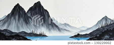A illustrative landscape with full moon glows above sharp snowy mountains, reflecting in a calm, icy lake at night - ai generated 130220002