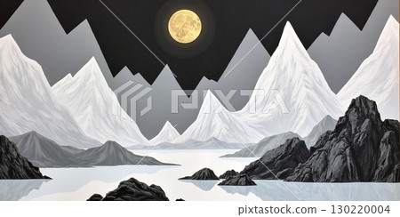 A illustrative landscape with full moon glows above sharp snowy mountains, reflecting in a calm, icy lake at night - ai generated 130220004