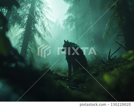 Dangerous werewolf goes out to hunt. A lone wolf in the forest. AI Generated. 130220020