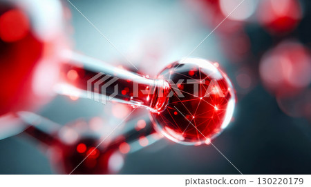 Close-up of a glowing red molecular model with digital connections and particles floating against a blurred gradient backdrop 130220179