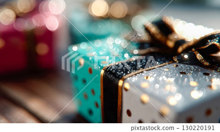 Close-up of a polka dot gift box with a black ribbon bow placed on a wooden table 130220191