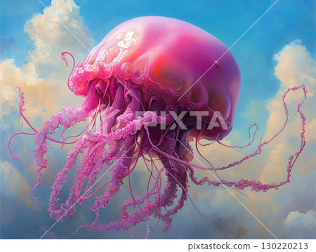 Illustration of jellyfish, watercolor style, bright purple and pink colors. AI Generated. 130220213