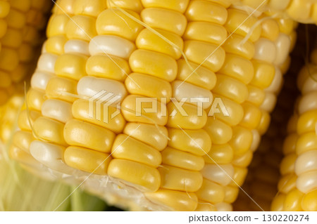Fresh raw ripe corn cob with bright kernels macro Fresh raw ripe corn cob with bright kernels macro 130220274