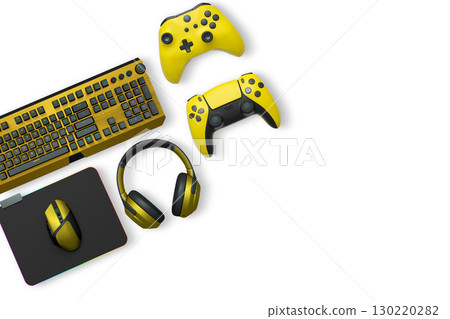 Gaming keyboard, mouse, controller, headset, and smartphone isolated on white transparent background with clipping path, concept of modern digital gaming gear 130220282