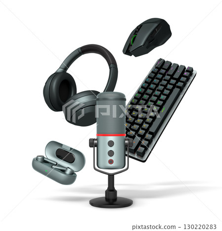 Gaming keyboard, controllers, headset, mouse, and microphone isolated on white background with clipping path. Concept of modern gaming setup Gaming keyboard, controllers, headset, mouse, and microphone isolated on white background with clipping path. Concept of modern gaming setup 130220283