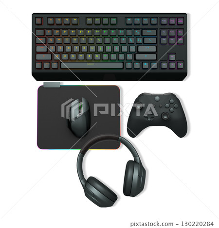 Gaming keyboard, mouse, controller, headset, and smartphone isolated on white transparent background with clipping path, concept of modern digital gaming gear Gaming keyboard, mouse, controller, headset, and smartphone isolated on white transparent background with clipping path, concept of modern digital gaming gear 130220284