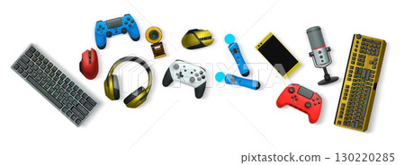 Gaming accessories like controllers, VR headset, headphones, keyboard, and microphone isolated on white background with clipping path, concept of gaming gear 130220285