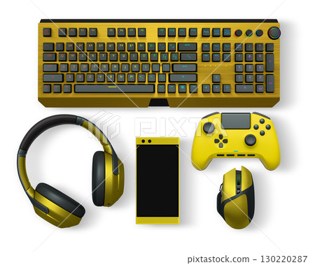 Gaming keyboard, mouse, controller, headset, and smartphone isolated on white transparent background with clipping path, concept of modern digital gaming gear Gaming keyboard, mouse, controller, headset, and smartphone isolated on white transparent background with clipping path, concept of modern digital gaming gear 130220287