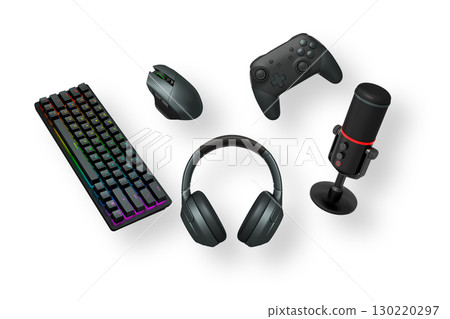 Gaming accessories including VR headset, controllers, mouse, headphones, and mic isolated on white background with clipping path. Concept of gaming gear Gaming accessories including VR headset, controllers, mouse, headphones, and mic isolated on white background with clipping path. Concept of gaming gear 130220297