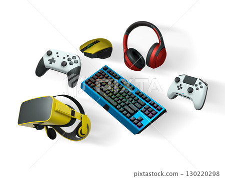 Floating gaming accessories like keyboard, mouse, controller, headset and VR goggles isolated on white background with clipping path. Concept of immersive gaming 130220298