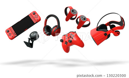 Floating gaming accessories like keyboard, mouse, controller, headset and VR goggles isolated on white background with clipping path. Concept of immersive gaming 130220300