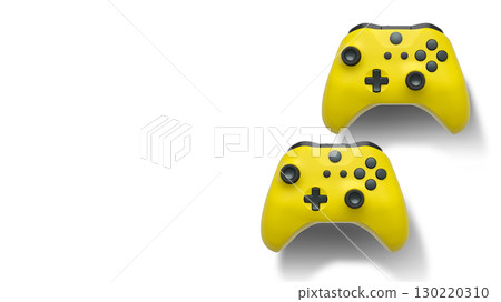 Wireless gaming controllers flying in air isolated on white background with clipping path, symbolizing gaming technology concept. 130220310