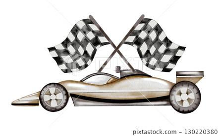 Race car watercolor illustration. Race car in pastel colors with the finish flag on a white background. Ideal for children's textiles, stickers and baby shower design for boys 130220380