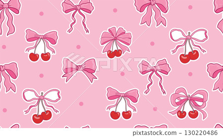 Seamless pattern of pink coquette ribbon bow design with cherries and dots. 130220486