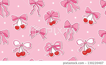 Pink coquette ribbon bows mixed with cherries and dotted seamless pattern. 130220487