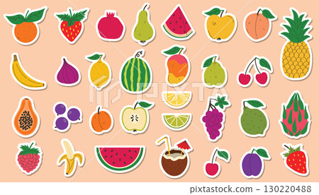Set of colorful fruit stickers in flat cartoon style. 130220488