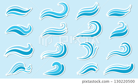 Collection of water wave stickers in flat cartoon style. 130220500