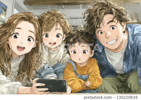 Illustration of a family checking disaster information on a smartphone Illustration of a family checking disaster information on a smartphone 130220638