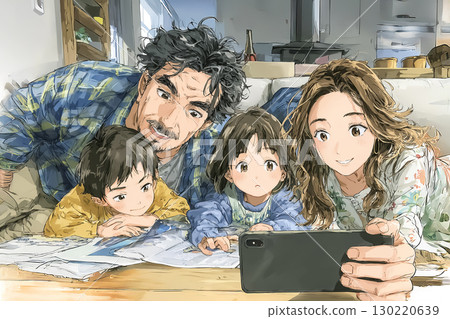 Illustration of a family checking disaster information on a smartphone Illustration of a family checking disaster information on a smartphone 130220639