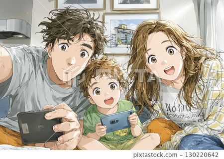 Illustration of a family checking disaster information on a smartphone 130220642