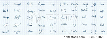Vector set with sample handwritten autographs, fake cursive signatures on paper background for documents presentations, certificate mockups 130221026