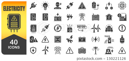 Electricity Icon Symbol Set. Electricity Vector Flat Icons Collection Featuring Power, Energy, Plugs, Switches, Batteries, Wind Turbines, And Electrical Safety Symbols. Isolated on white background. 130221126
