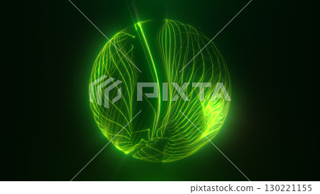 Abstract glowing green sphere with fluid, organic wave lines radiating a soft neon light in a dark environment Abstract glowing green sphere with fluid, organic wave lines radiating a soft neon light in a dark environment 130221155