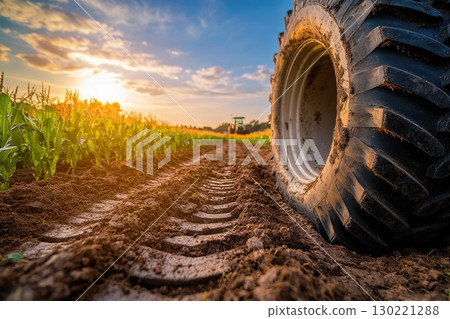 Tractor treads on agricultural field at sunset capturing nature beauty rural landscape close-up view farming life 130221288