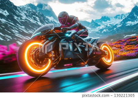 Motorcycle rider racing through colorful mountain landscape futuristic vibes digital art dynamic view adventure concept 130221305