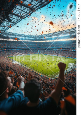 Exciting football match celebration stadium sports event energetic atmosphere crowd perspective team spirit unleashed 130221307