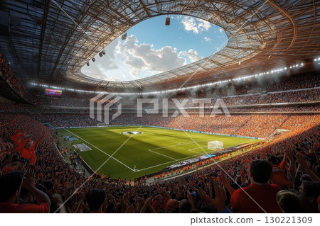 Exciting soccer match at the stadium city center sports event evening atmosphere spectator viewpoint thrilling experience 130221309