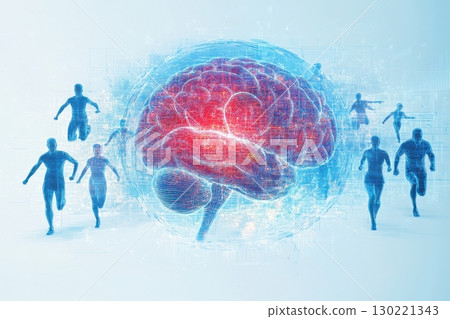 Running towards knowledge human connection with the brain digital realm abstract art futuristic environment dynamic perspective 130221343