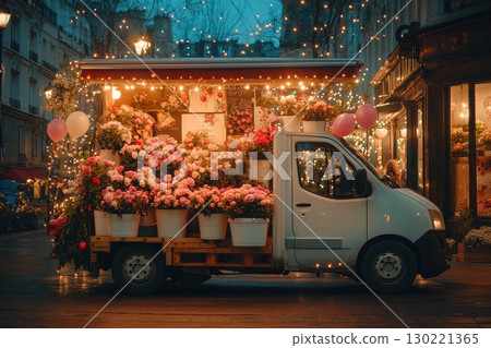 Flower truck display paris floral arrangement urban night street view bright atmosphere for market appeal Flower truck display paris floral arrangement urban night street view bright atmosphere for market appeal 130221365