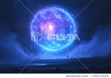 Cosmic event of a brilliant celestial sphere remote landscape digital art night sky isolated view universal wonder 130221424