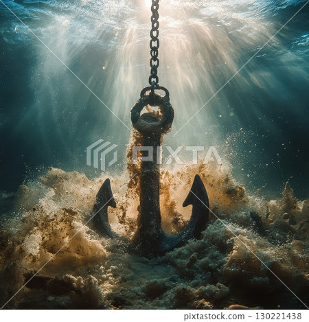 Underwater anchor scene ocean depths photography submerged environment dramatic viewpoint symbolizing stability Underwater anchor scene ocean depths photography submerged environment dramatic viewpoint symbolizing stability 130221438