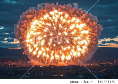 Spectacular fireworks explosion lighting up the night sky over the city 130221470