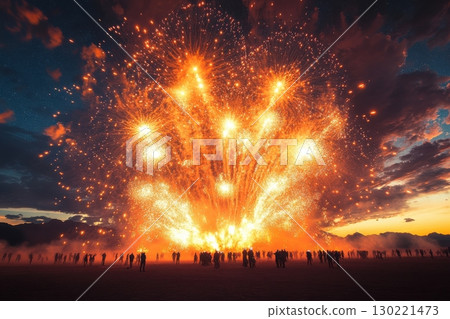 Crowd enjoying a dazzling fireworks display at sunset Crowd enjoying a dazzling fireworks display at sunset 130221473