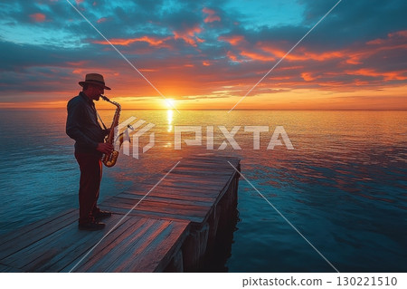 Saxophonist playing at sunset on pier ocean view photography serene atmosphere captivating moment 130221510