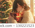 [AI-generated image] A smiling woman holding a cartoon-style Christmas present 130221523