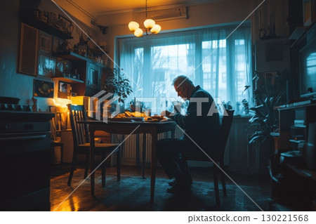 Reflective moments an elderly man dining alone in a cozy kitchen evening light intimate scene solitude concept Reflective moments an elderly man dining alone in a cozy kitchen evening light intimate scene solitude concept 130221568